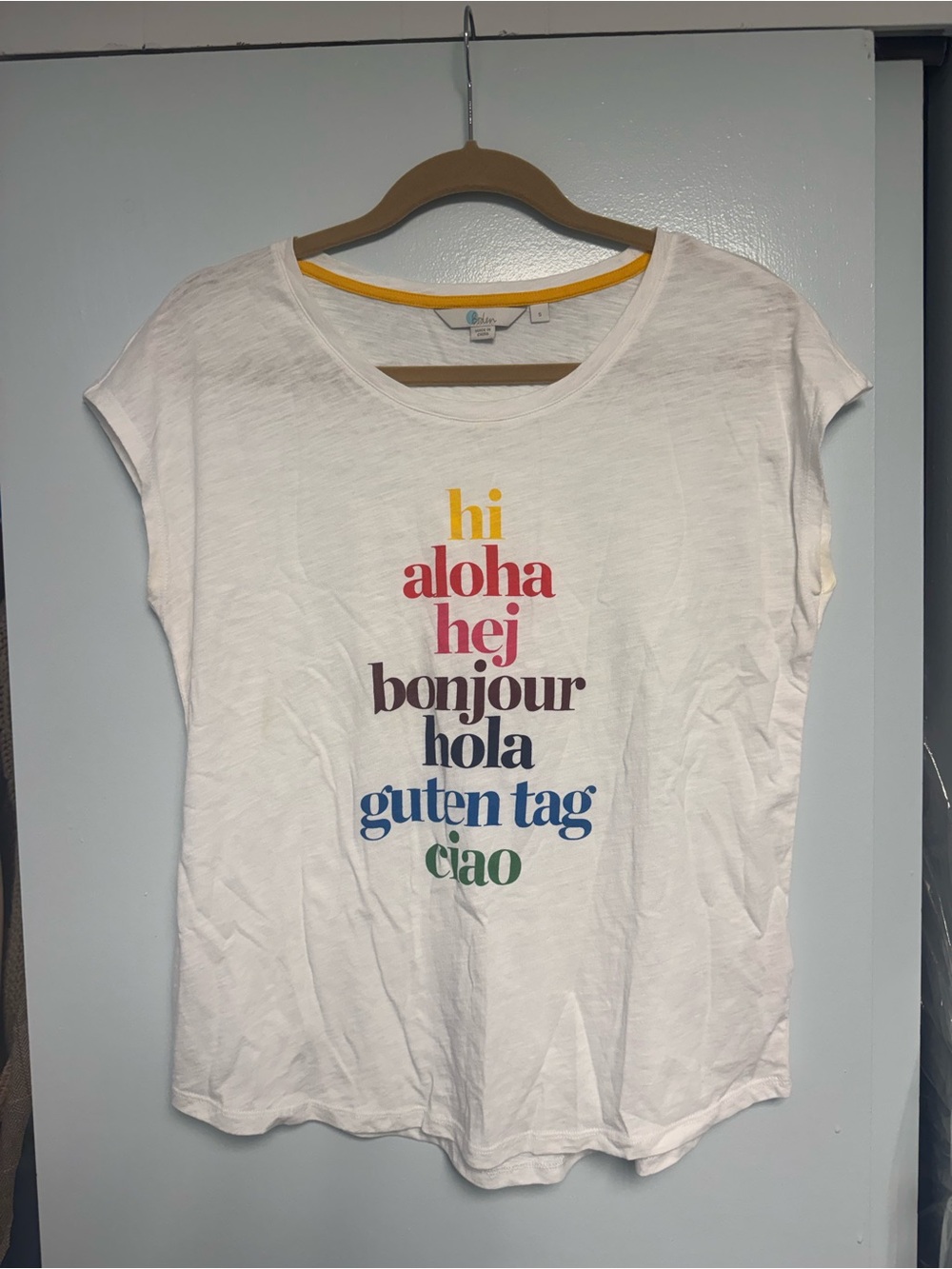 Boden White Tee with Yellow Neck Trim